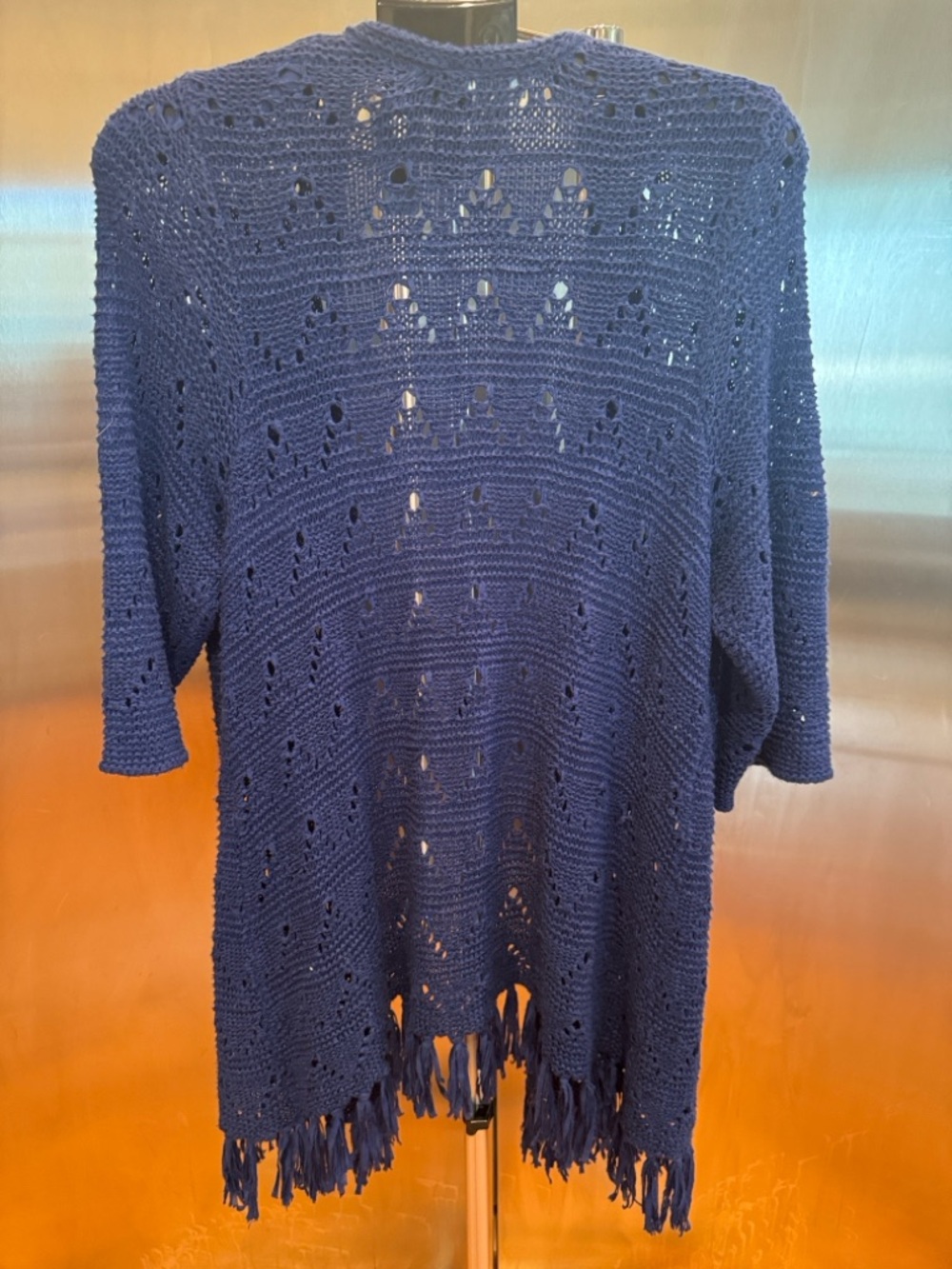 Catherines Navy Open-Front Crochet Fringe Cardigan NWOT - Picture 7 of 10